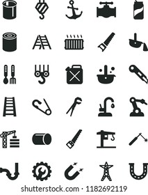 solid black flat icon set open pin vector, iron fork spoons, crane, tower, hook, winch, adjustable wrench, hand saw, arm, stepladder, ladder, sewerage, gear, stationery knife, kitchen faucet, anchor