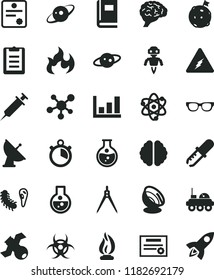 solid black flat icon set round flask vector, molecule, electricity, atom, glasses, brain, satellite, bactery, book, biohazard, pipette, flame, clipboard, drawing compass, growth graph, robot
