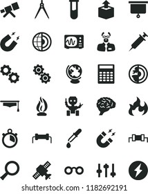 solid black flat icon set unpacking vector, test tube, telescope, glasses, zoom, brain, gears, settings, satellite, pipette, globe, oscilloscope, magnet, flame, scientist, graduate hat, calculator
