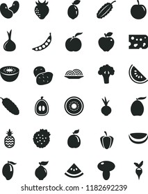 solid black flat icon set piece of cheese vector, onion, mushroom, cucumber, beet, strawberries, a pineapple, ripe peach, quince, red apple, strawberry, slice water melon, mango, loquat, half, kiwi