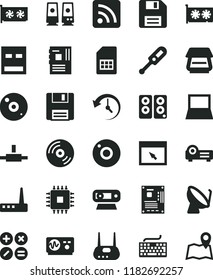 solid black flat icon set camera vector, floppy disk, keyboard, rss feed, electronic thermometer e, CD, math actions, satellite dish, SIM card, notebook pc, motherboard, cpu, gpu, web, usb, router