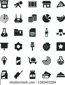solid black flat icon set folder bookmark vector, cradle, cogwheel, window frame, package, coins, piece of pizza, soda can, bottle, popsicle, cone, jar jam, strawberries, bananas, SIM card, stall