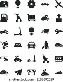 solid black flat icon set truck lorry vector, cargo trolley, paper airplane, summer stroller, sitting, Kick scooter, child, traffic signal, car, cardboard box, shipment, gas station, conveyor, retro