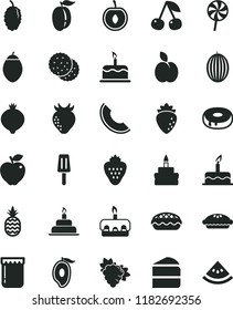 solid black flat icon set cake vector, birthday, piece of, torte, with a hole, pie, apple, lollipop, popsicle, jam, strawberry, pineapple, biscuit, cherry, branch grape, red, raspberry, medlar