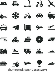 solid black flat icon set truck lorry vector, cargo trolley, paper airplane, motor vehicle, child bicycle, tricycle, Kick scooter, big core, car, delivery, marine propeller, eco, electric, urgent