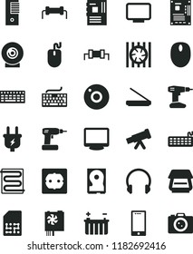solid black flat icon set camera vector, keyboard, cordless drill, power socket type f, heating coil, headphones, smartphone, lens, battery, plug, SIM, radiator fan, mouse, pc supply, tower, monitor