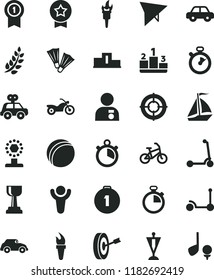 solid black flat icon set stopwatch vector, bath ball, motor vehicle, present, Kick scooter, child, pedestal, retro car, flame torch, winner, laurel branch, cup, gold, man with medal, pennant, star
