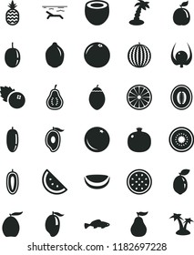 solid black flat icon set small fish vector, blueberries, a pineapple, orange slice, pomegranate, water melon, mango, half of, loquat, date fruit, passion, sweet, lime, kiwi, tamarillo, sour, guava