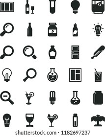 solid black flat icon set matte light bulb vector, incandescent lamp, zoom out, mercury thermometer, window, frame, interroom door, magnifier, a glass of soda, tea, cocktail, jar jam, bottle, liquor