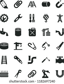 solid black flat icon set clip vector, open pin, iron fork spoons, crane, tower, hook, adjustable wrench, hand saw, stepladder, ladder, sewerage, gear, knife, stationery, canned goods, tin, valve