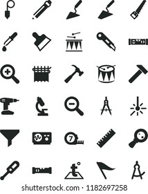 solid black flat icon set graphite pencil vector, yardstick, zoom, out, wind direction indicator, electronic thermometer e, drumroll, drum, trowel, building, drill, arm saw, long meashuring tape