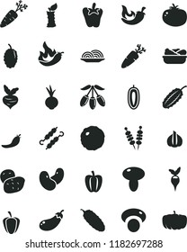 solid black flat icon set fried vegetables on sticks vector, onion, mushroom, lettuce in a plate, meat skewers, cabbage, cucumber, tomato, chili, peper, beet, carrot, mulberry, goji berry, ripe, red
