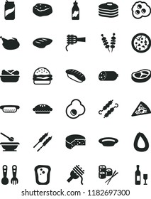 solid black flat icon set plates and spoons vector, plastic fork, sausage, stick of, cheese, fried vegetables on sticks, pizza, piece, mini hot dog, burger, spaghetti, noodles, pie, chicken, bacon