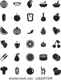 solid black flat icon set a chair for feeding child vector, canned goods, mini hot dog, mushroom, bowl of buckwheat porridge, rice, barbecue, orange slice, biscuit, sandwich, cherry, grape, branch