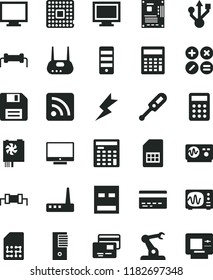solid black flat icon set floppy disk vector, monitor, window, bank card, calculator, rss feed, electronic thermometer e, lightning, screen, cards, math actions, processor, assembly robot, SIM, usb
