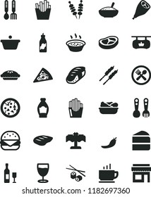 solid black flat icon set plastic fork spoons vector, iron, coffee, fried vegetables on sticks, pizza, piece of, big burger, cake, pie, a bowl rice porridge, in saucepan, lettuce plate, bacon, chop
