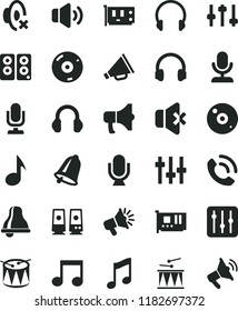solid black flat icon set bell vector, desktop microphone, horn, silent mode, drumroll, drum, headphones, music, regulator, volume, no sound, phone call, megaphone, loudspeaker, pc card, cd, speaker