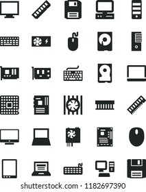 solid black flat icon set laptop vector, monitor, keyboard, screen, processor, computer, tablet pc, notebook, radiator fan, mouse, power supply, tower, motherboard, memory, card, hdd, floppy