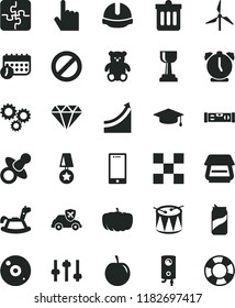solid black flat icon set prohibition vector, dummy, small teddy bear, rocking horse, drum, Puzzles, building level, tile, construction helmet, boiler, dust bin, alarm clock, index finger, soda can