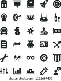 solid black flat icon set small teddy bear vector, gpu card, router, trash bin, repair, file, molecule, glasses, settings, book, oscilloscope, growth graph, sun panel, syringe, presentation board