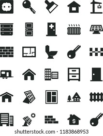 solid black flat icon set chest of drawers vector, house, dwelling, brickwork, brick wall, window, toilet, lay out flat, power socket type f, key, ntrance door, interroom, buildings, city block, sun