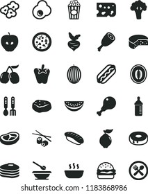 solid black flat icon set measuring bottle for feeding vector, plates and spoons, iron fork, piece of cheese, pizza, Hot Dog, burger, cake with a hole, porridge, chicken leg, thigh, bacon, meat, cup