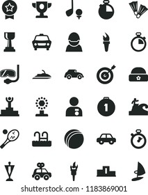 solid black flat icon set stopwatch vector, bath ball, motor vehicle, present, warm hat, timer, car, racer, retro, flame torch, pedestal, winner podium, prize, cup, gold, man with medal, pennant