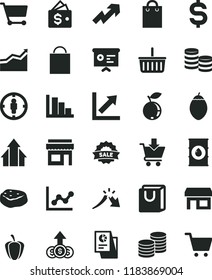 solid black flat icon set paper bag vector, grocery basket, growth up, graph, chart, positive histogram, put in cart, with handles, coins, piece of meat, blueberry, tamarillo, ripe pepper, oil, sale