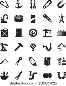 solid black flat icon set safety pin vector, open, iron fork spoons, crane, tower, hook, adjustable wrench, arm saw, sewerage, ntrance door, gear, knife, stationery, kitchen faucet, hammer, anchor