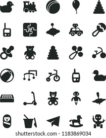 solid black flat icon set paper airplane vector, toys over the cot, dummy, beanbag, baby rattle, rubber duck, duckling, bath ball, stacking rings, toy, motor vehicle present, roly poly doll, phone