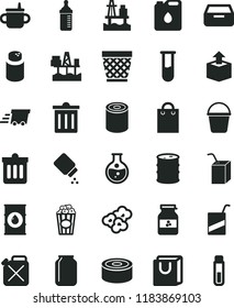solid black flat icon set wicker pot vector, bin, mug for feeding, measuring bottle, powder, baby, e, packing of juice with a straw, bucket, dust, drawer, bag handles, unpacking, canned goods, tin