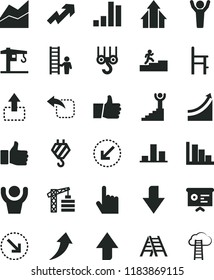 solid black flat icon set upward direction vector, downward, growth up, line chart, positive histogram, a chair for feeding, crane, tower, hook, winch, ladder, left bottom arrow, index finger, thumb