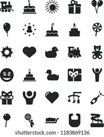 solid black flat icon set heart symbol vector, toys over the cradle, bib, rubber duck, baby duckling, teddy bear, toy train, children's, colored air balloons, balloon, cake, birthday, gift, slice