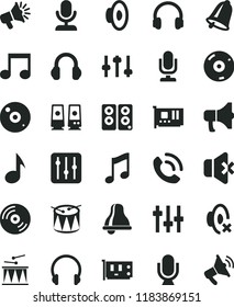 solid black flat icon set bell vector, desktop microphone, loudspeaker, silent mode, drumroll, drum, headphones, music, CD, regulator, no sound, phone call, megaphone, pc card, speaker, note