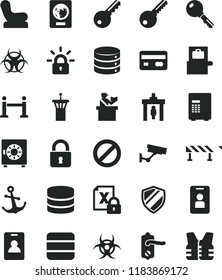 solid black flat icon set prohibition vector, Baby chair, key, door knob, road fence, lock, anchor, big data, strongbox, reverse side of a bank card, encrypting, biohazard, airport tower, identity