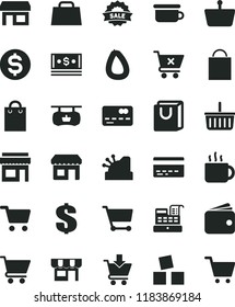 solid black flat icon set paper bag vector, grocery basket, bank card, dollar, children's potty, cubes for children, cart, put in, crossed, with handles, kiosk, stick of sausage, cup tea, stall