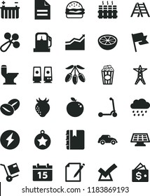 solid black flat icon set scribbled paper vector, baby rattle, rainy cloud, child Kick scooter, ladder, comfortable toilet, radiator, calendar, notebook, flag, notes, shipment, burger, coffee beans