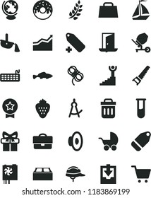 solid black flat icon set loudspeaker vector, add label, download archive data, baby stroller, concrete mixer, hand saw, helmet, building block, hawser, glazed cake with a hole, small fish, bag