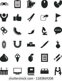 solid black flat icon set tassel vector, camera roll, pennant, new abacus, hand saw, building block, hawser, speech, screen, move right, meat on skewers, beet, cone, fig, slice of melon, sour lime