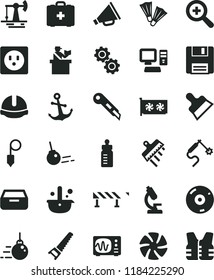 solid black flat icon set zoom vector, horn, feeding bottle, medical bag, big core, hand saw, construction helmet, plummet, putty knife, spatula, stationery, road fence, anchor, drawer, socket, fan