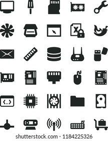 solid black flat icon set chili vector, popsicle, fan, radiator, encrypting, mouse, keyboard, motherboard, cpu, memory, pc card, gpu, monitor, web camera, hdd, router, scanner, usb flash, browser