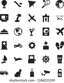 solid black flat icon set earth vector, plane, bus, air balloon, hang glider, motorcycle, escalator, security gate, rolling suitcase, baggage scanner, passport, atm, beach, sun, uv cream, palm tree