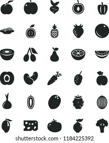 solid black flat icon set piece of cheese vector, slices onion, tomato, carrot, a pineapple, pear, orange, peach, ripe, apple, half apricot, quince, strawberry, cornels, blackberry, tasty mulberry