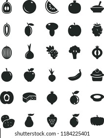 solid black flat icon set cheese vector, mushroom, muffin, a bowl of buckwheat porridge, plate milk, beet, strawberry, orange, apple, half apricot, pomegranate, grape, quince, red, medlar, blueberry