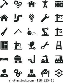 solid black flat icon set crane vector, house, builder, workman, brickwork, hook, concrete mixer, window, arm saw, stepladder, siphon, construction level, hammer with claw, core, home, water pipes