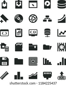 solid black flat icon set floppy disk vector, add bookmark, bar chart, graph, positive histogram, upload archive data, download, folder, estimate, CD, flowchart, big server, processor, radiator fan