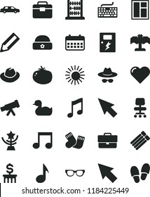 solid black flat icon set briefcase vector, keyboard, hat, with glasses, rubber duck, warm socks, abacus, window, portfolio, dangers, heart, music, tomato, pencil, calendar, note, chair, cursor, sun