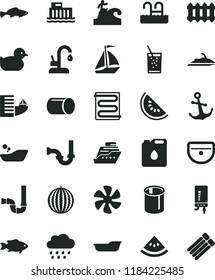 solid black flat icon set baby duckling vector, children's bathroom, bath, rainy cloud, sink, siphon, sewerage, heating coil, new radiator, kitchen faucet, electronic boiler, anchor, small fish
