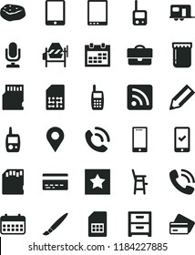 solid black flat icon set tassel vector, desktop microphone, calendar, bank card, rss feed, toy phone, mobile, a chair for feeding child, concrete mixer, smartphone, nightstand, call, piece of meat