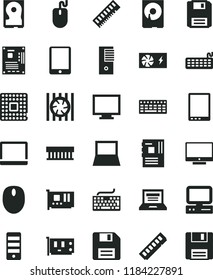 solid black flat icon set floppy disk vector, laptop, monitor, keyboard, screen, processor, computer, tablet pc, notebook, radiator fan, mouse, power supply, tower, motherboard, memory, card, hdd